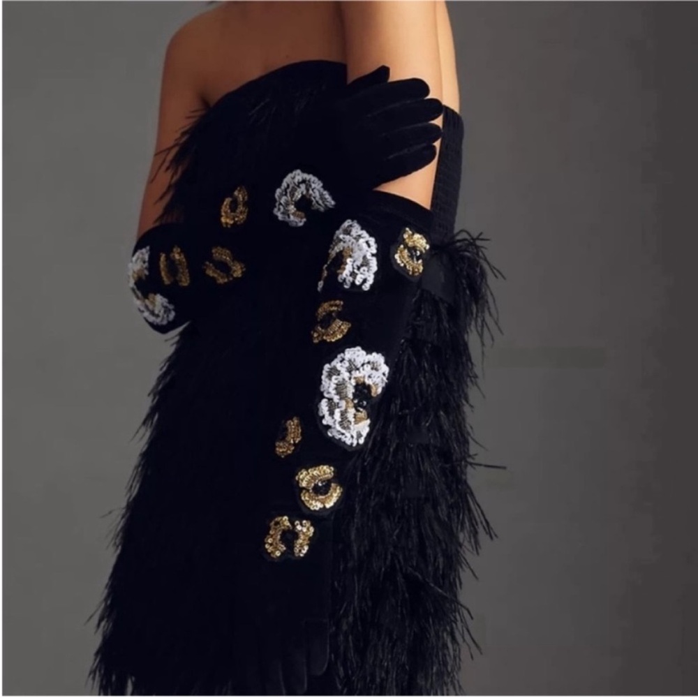 Anthropologie Black Gloves with Gold and White Embellishments